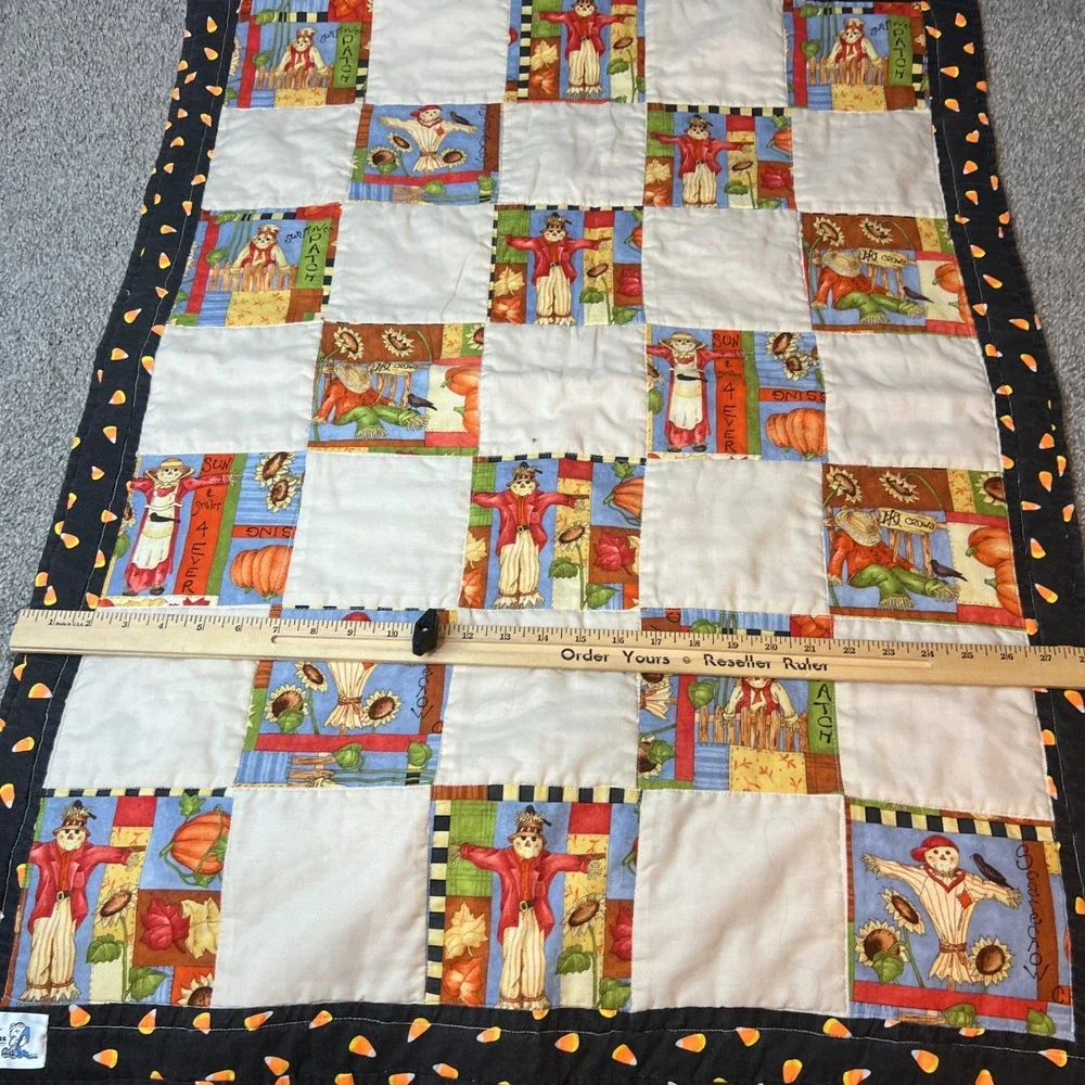 vtg Handmade quilt Autumn Scarecrow‎ Throw Blanket fall patchwork cozy harest